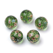 Printed Glass Beads, Round with Flower Pattern, Green, 11~12x11mm, Hole: 1.5mm(GFB-Q001-12mm-A05)