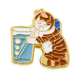 Golden Zinc Alloy Brooches, Cartoon Cat Enamel Pins, Cup, 25x25x1.6mm(JEWB-Z015-01A)
