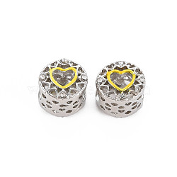 Rack Plating Alloy Enamel European Beads, with Crystal Rhinestone, Large Hole Beads, Cadmium Free & Nickel Free & Lead Free, Flat Round with Heart, Platinum, Yellow, 11x9.5mm, Hole: 5mm(MPDL-N039-146)