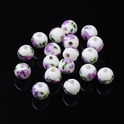 Handmade Printed Porcelain Beads, Round, Orchid, 8mm, Hole: 2mm(PORC-Q199-8mm-01)