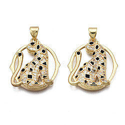 Brass Micro Pave Clear Cubic Zirconia Pendants, with Enamel, Nickel Free, Circle with Cat, Real 16K Gold Plated, 22x19.5x3mm, Hole: 3.5x4.5mm(KK-Q769-026-NF)