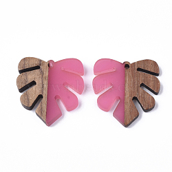 Resin & Walnut Wood Pendants, Tropical Leaf Charms, Monstera Leaf Pendant, Hot Pink, 30x28x3.5mm, Hole: 2mm(RESI-S358-24D)