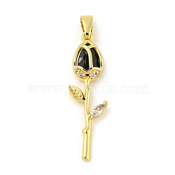Rose Flower for Valentine's Day Real 18K Gold Plated Rack Plating Brass Micro Pave Cubic Zirconia Pendants, Long-Lasting Plated, Lead Free & Cadmium Free, Black, 28x8.5x4mm, Hole: 4.5x2.5mm(KK-R153-01E-G)