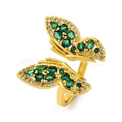 Butterfly Brass Micro Pave Cubic Zirconia Open Cuff Ring for Women, Real 18K Gold Plated, Green, Inner Diameter: 17mm(RJEW-U003-29A-G)