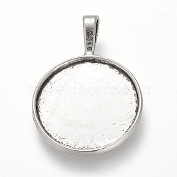 Tibetan Style Alloy Pendant Cabochon Settings, Plain Edge Bezel Cups, Flat Round, Cadmium Free & Nickel Free & Lead Free, Antique Silver, Tray: 25mm, 39x27.5x7.5mm, Hole: 8x5.5mm, about 160pcs/1000g(TIBE-T003-21AS-NR)