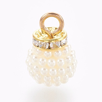 Imitation Pearl Pendants, with Golden Plated Alloy Rhinestone Findings, White, 22x14.5~15mm, Hole: 4mm