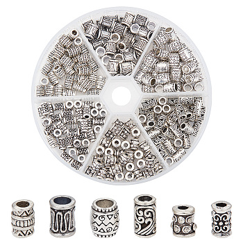 210Pcs 6 Styles Tibetan Style Alloy Spacer Beads, Column, Antique Silver, 6~8.5x5~6.5mm, Hole: 2~4mm, about 35pcs/style