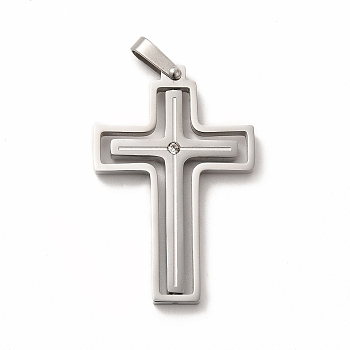 304 Stainless Steel Pendants, with Rhinestone, Cross, Stainless Steel Color, 40.5x27x5.5mm, Hole: 6.5x3.2mm