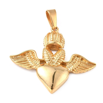 Vacuum Plating 304 Stainless Steel Pendants, Wing & Heart, Golden, 41x45x6mm, Hole: 8.5x4.5mm
