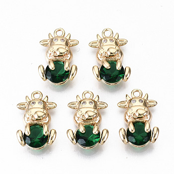 Brass Glass Rhinestone Pendants, with Micro Pave Clear Cubic Zirconia, Long-Lasting Plated, Cadmium Free & Lead Free, Cow, Light Gold, Emerald, 15x10x5mm, Hole: 1.4mm
