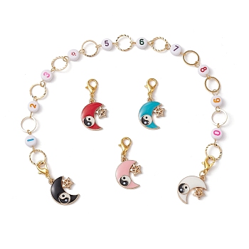 4Pcs Yin-Yang Moon Alloy Enamel Charm Number Acrylic Beaded Knitting Row Counter Chains & Locking Stitch Markers Kits, Mixed Color, 3.6~28.5cm