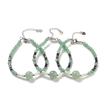 Natural Green Aventurine Round & Synthetic Non-magnetic Hematite & White Shell Beaded Bracelets for Women, 7-1/4 inch(18.5cm)