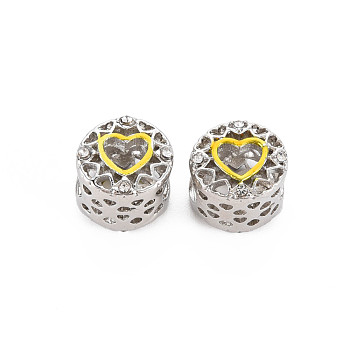 Rack Plating Alloy Enamel European Beads, with Crystal Rhinestone, Large Hole Beads, Cadmium Free & Nickel Free & Lead Free, Flat Round with Heart, Platinum, Yellow, 11x9.5mm, Hole: 5mm