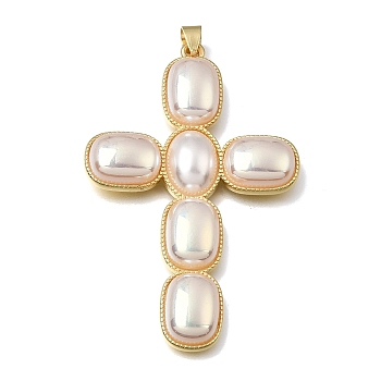 Religion Brass Big Pendants, with ABS Imitation Pearl, Cross Charms, Lead Free & Cadmium Free, Rack Plating, Long-Lasting Plated, Real 18K Gold Plated, 63x41x6mm, Hole: 6x4mm