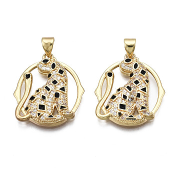 Brass Micro Pave Clear Cubic Zirconia Pendants, with Enamel, Nickel Free, Circle with Cat, Real 16K Gold Plated, 22x19.5x3mm, Hole: 3.5x4.5mm