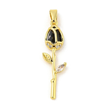 Rose Flower for Valentine's Day Real 18K Gold Plated Rack Plating Brass Micro Pave Cubic Zirconia Pendants, Long-Lasting Plated, Lead Free & Cadmium Free, Black, 28x8.5x4mm, Hole: 4.5x2.5mm