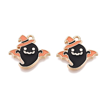 Halloween Theme Rack Plating Alloy Enamel Pendants, Golden, Ghost with Hat Charm, Black, 17x19x1.5mm, Hole: 1.6mm