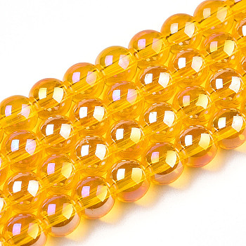 Electroplate Transparent Glass Beads Strands, AB Color Plated, Round, Gold, 6~6.5mm, Hole: 1.4mm, about 67~70pcs/strand, 14.76 inch~15.16 inch(37.5~38.5cm)