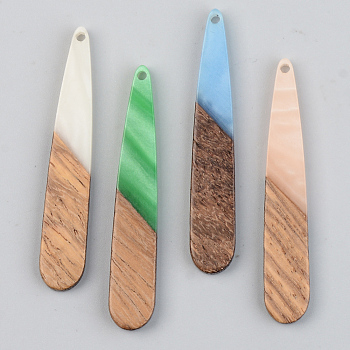 Opaque Resin & Walnut Wood Pendants, Teardrop, Mixed Color, 44x7.5x3mm, Hole: 1.5mm