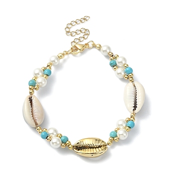Natural Shell & Shell Pearl & Synthetic Turquoise Beaded Bracelet, Inner Diameter: 7-1/2 inch(19.1cm)