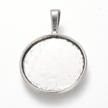 Tibetan Style Alloy Pendant Cabochon Settings, Plain Edge Bezel Cups, Flat Round, Cadmium Free & Nickel Free & Lead Free, Antique Silver, Tray: 25mm, 39x27.5x7.5mm, Hole: 8x5.5mm, about 160pcs/1000g