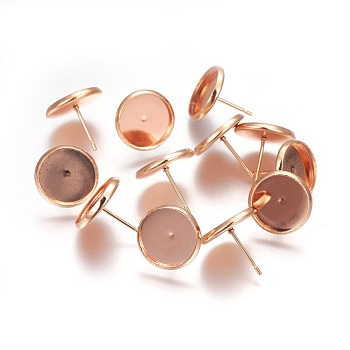 304 Stainless Steel Stud Earrings Findings, Flat Round, Rose Gold, Tray: 10mm, 13x12mm, Pin: 0.8mm