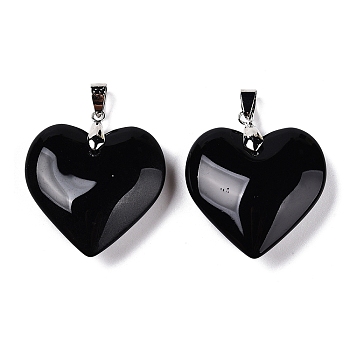 Glass Pendants, with Golden Brass Bails, Heart, Black, 38.5~39.5x34~34.5x11~11.5mm, Hole: 7x4.5mm