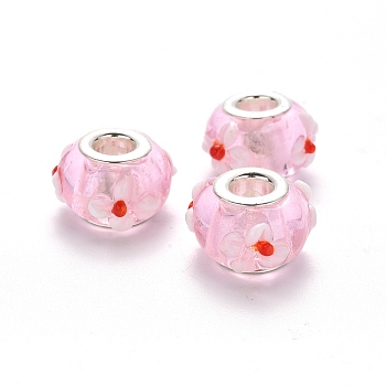Handmade Lampwork European Beads, Large Hole Rondelle Beads, Rondelle with Flower, Bumpy Lampwork, with Platinum Tone Brass Double Cores, Pink, 15~16x9~10mm, Hole: 5mm
