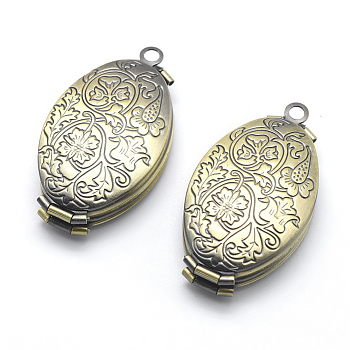 Brass Locket Pendants, Photo Frame Charms for Necklaces, Cadmium Free & Nickel Free & Lead Free, Oval with Flower, Brushed Antique Bronze, 35x20x9mm, Hole: 2mm, Inner Size: 13x23mm
