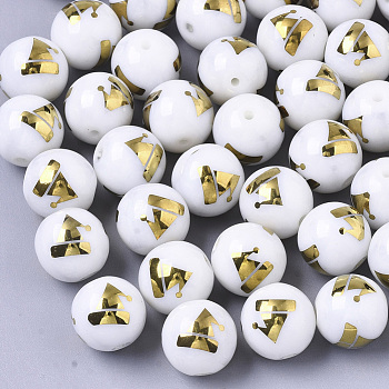 Christmas Opaque Glass Beads, Round with Electroplate Christmas Hat Pattern, Golden Plated, 10mm, Hole: 1.2mm