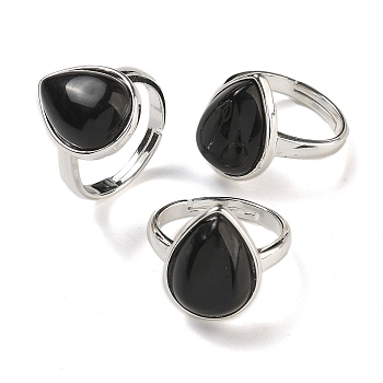 Natural Obsidian Teardrop Adjustable Rings, Lead Free & Cadmium Free, Silver Plated Brass Finger Rings for Women Men, Teardrop: 18.5x14mm, Inner Diameter: 18mm