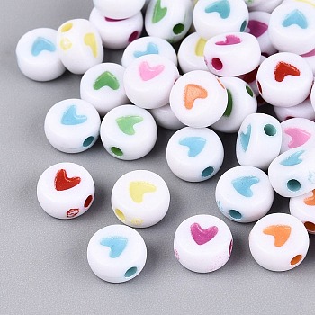 Acrylic Beads, Flat Round with Heart, Mixed Color, 7x4mm, Hole: 1mm, about 3600pcs/500g