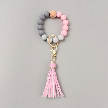Silicone Round Beaded Keychain Wristlet, with Alloy Keychain Clasps Finding and PU Leather Tassel, Pearl Pink, 23cm