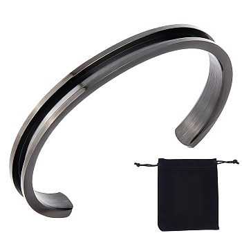 1Pc 304 Stainless Steel Grooved Bangles, Cuff Bangle, for Gemstone, Leather Inlay Bangle Making, with 1Pc Velvet Pouch, Electrophoresis Black, 1/4 inch(0.75cm), Inner Diameter: 2-3/8 inch(6.1cm)