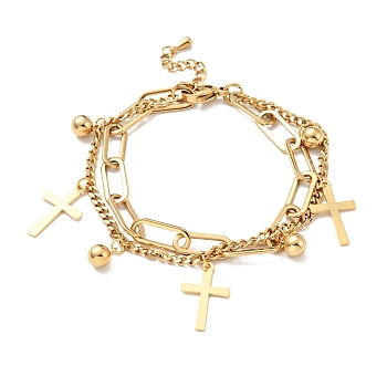 Cross and Round Ball Charm Multi-strand Bracelet, Vacuum Plating 304 Stainless Steel Double Layered Chains Bracelet for Women, Golden, 7-1/2 inch(19cm)