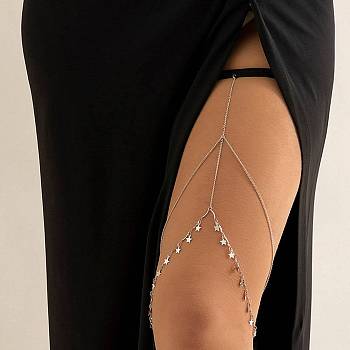 Tassel Alloy Thigh Chain, Lace Stretch Band Body Chain for Women, Platinum, 450~550mm