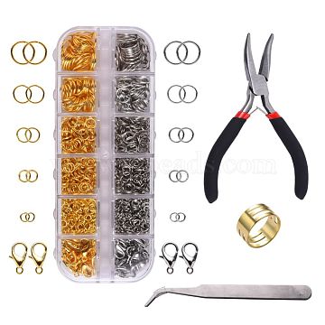 DIY Jewelry Finding Kits, with Iron Jump Rings, Zinc Alloy Lobster Claw Clasps, Brass Assistant Tool, Stainless Steel Beading Tweezers and Carbon Steel Bent Nose Jewelry Plier, Platinum & Golden, 130x50x15mm(DIY-YW0001-69)