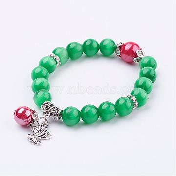 Cat Eye Beads Stretch Bracelets, with Alloy Fish Charms, Green, 2-1/4 inches(56mm)(BJEW-K150-01)