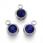 303 Stainless Steel Rhinestone Charms, Flat Round, Stainless Steel Color, Sapphire, 8.5x6x3.5~4mm, Hole: 1.5~1.6mm(STAS-S068-16)