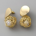 Plastic Imitation Pearl Beaded Cage Dangle Stud Earrings, Alloy Wire Wrap Jewelry for Women, Light Gold, 38mm, Pin: 0.9mm(EJEW-WH0004-35)