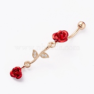 Piercing Jewelry, Brass Micro Pave Cubic Zirconia Navel Rings, Belly Rings, with 304 Stainless Steel Bar and Enamel, Rose, Red, Real 18K Gold Plated, 56mm, Bar: 14 Gauge(1.6mm), Bar Length: 3/8"(10mm)(AJEW-P017-07G)