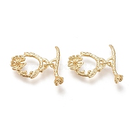 Brass Toggle Clasps, Long-Lasting Plated, Flower, Real 18K Gold Plated, Flower: 18.5x15x3mm, Hole: 1.5x2.5mm, Bar: 22x6x5mm, Hole: 1.8x2.5mm(X-KK-F820-02G)