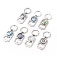 Glass Keychain, with Zinc Alloy Cabochon Settings Bottle Openers and Key Rings, Platinum, 8.8cm(KEYC-JKC00347)
