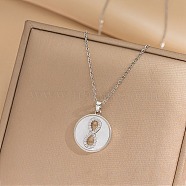 Flat Round with Number 8 Shell & Cubic Zirconia Pendant Necklaces, 304 Stainless Steel Necklaces for Women, Stainless Steel Color, 15.79 inch(40.1cm)(NJEW-D288-04P)