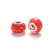 Handmade Lampwork European Beads, Large Hole Rondelle Beads, with Platinum Tone Brass Double Cores, Red, 14~15x10~11mm, Hole: 5mm(LPDL-N001-009-F02)