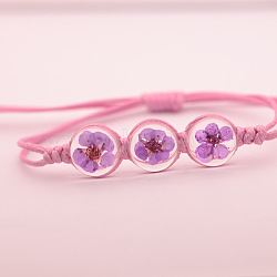 Transparent Glass Dried Flower Flat Round Beads Braided Bead Bracelets, Waxed Cord Braided Bracelets for Women, Medium Orchid, 5.91~11.81 inch(15~30cm)(FS-WG4C602-02)