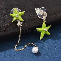 Brass Cubic Zirconia Stud Earrings, with Imitation Pearl, Ocean Series, Golden, Left and Right, Starfish, right: 25x17mm, left: 15x84mm(EJEW-D301-03G-04)