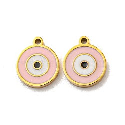 304 Stainless Steel Charms, with Enamel, Evil Eye Charms, Real 14K Gold Plated, Pink, 10x8x1mm, Hole: 1mm(STAS-L022-171G-01)