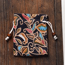 Cloth Drawstring Bags, Chinese Style Rectangle Jewelry Pouches, Black, 12x10cm(PW-WG3446D-03)