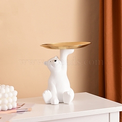 Resin Polar Bear Sculpture with Metal Tray, Jewelry Candy Dish Decorative Tray for Keys Home Office Hotel Decoration, White, 110x110x170mm(DJEW-PW0012-082)